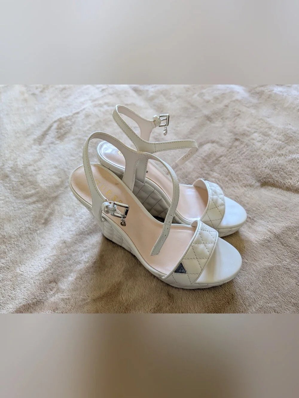 GUESS Women’s White Quilted Wedge Sandals with Ankle Strap
